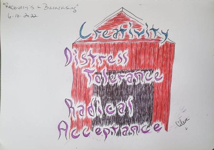 Art Therapy Prompt "Recovery is a Barn-raising" example drawing by Celestia Quixs
