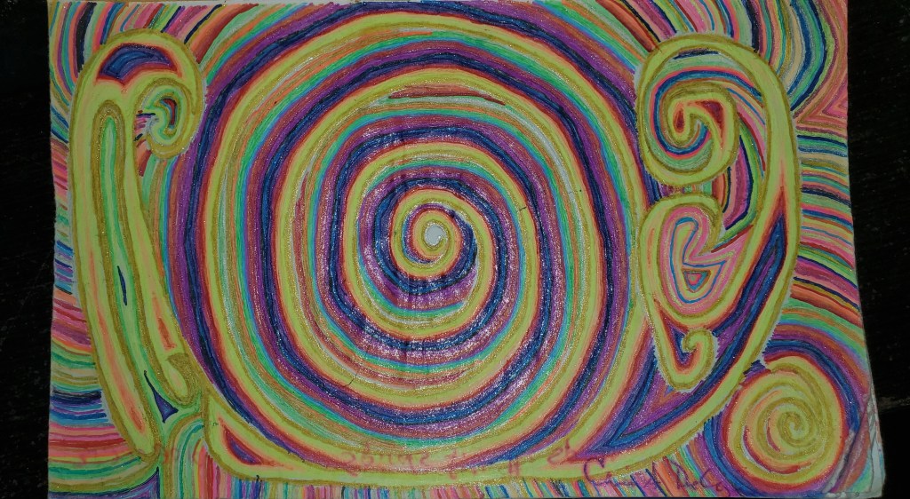 Art Therapy Prompt "Spirals fill the Space" example drawing by Carine A De Lozier DBA Celestia Quixs