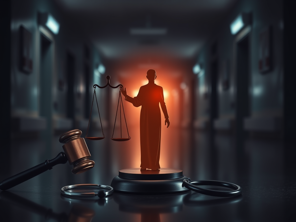 Silhouette of a figure holding justice scales, standing in a dark hospital hallway, with a judge’s gavel and stethoscope in the foreground.