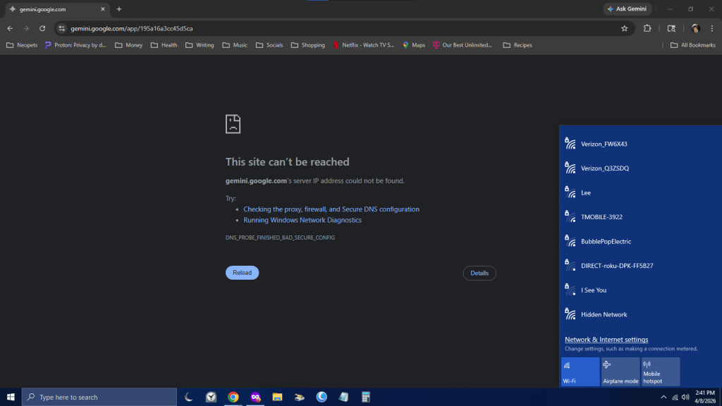 Screenshot of a web browser displaying an error message indicating that the site gemini.google.com cannot be reached, with troubleshooting suggestions and a Wi-Fi network list on the right.