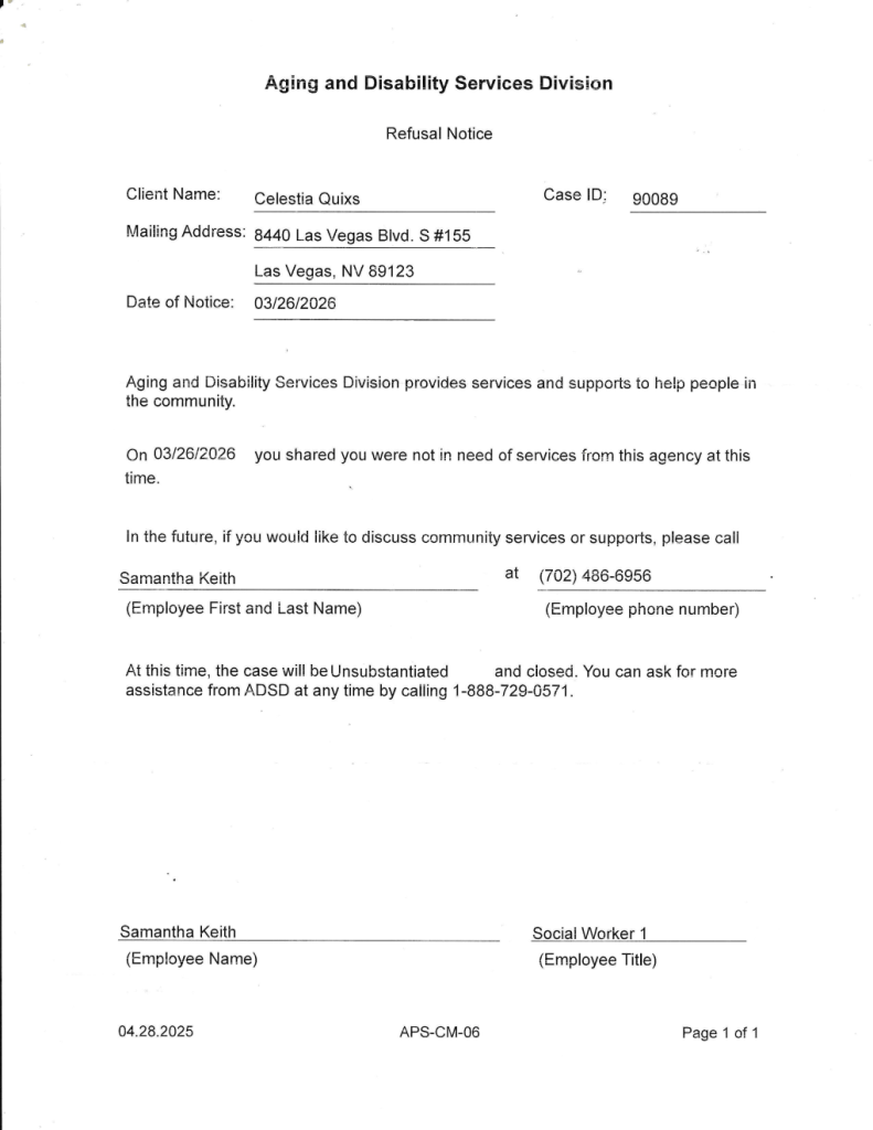 Refusal notice from Aging and Disability Services Division addressed to client Celestia Quixs, detailing the refusal of services as of March 26, 2026, with contact information for further assistance.
