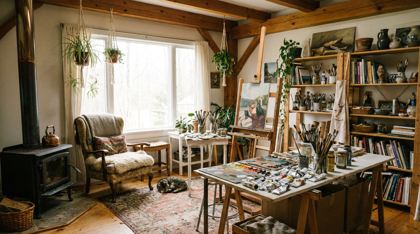 Cozy art studio workspace, soft natural light