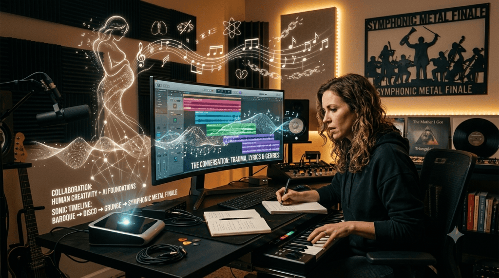 A woman composing music in a home studio, seated at a keyboard with a laptop displaying a digital audio workstation. Surrounding her are musical notes and a figure symbolizing creativity, with text highlighting collaboration between human creativity and AI foundations.