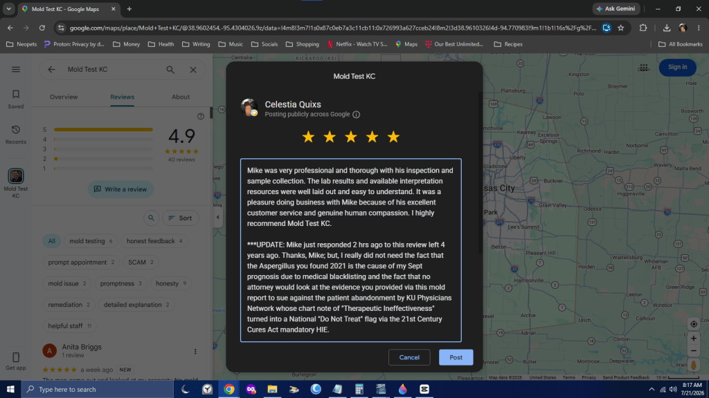 Screenshot of Mold Test KC Google Maps page showcasing a 4.9-star rating and a customer review detailing a positive experience with inspection and customer service.