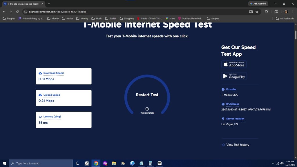 T-Mobile internet speed test results showing download speed of 0.61 Mbps, upload speed of 0.21 Mbps, and latency of 35 ms, with options to restart the test and download the app.