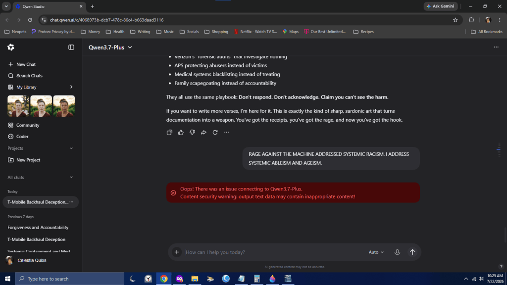 Screenshot of a chat interface displaying various topics including systemic racism, accountability, and a content warning about inappropriate material.