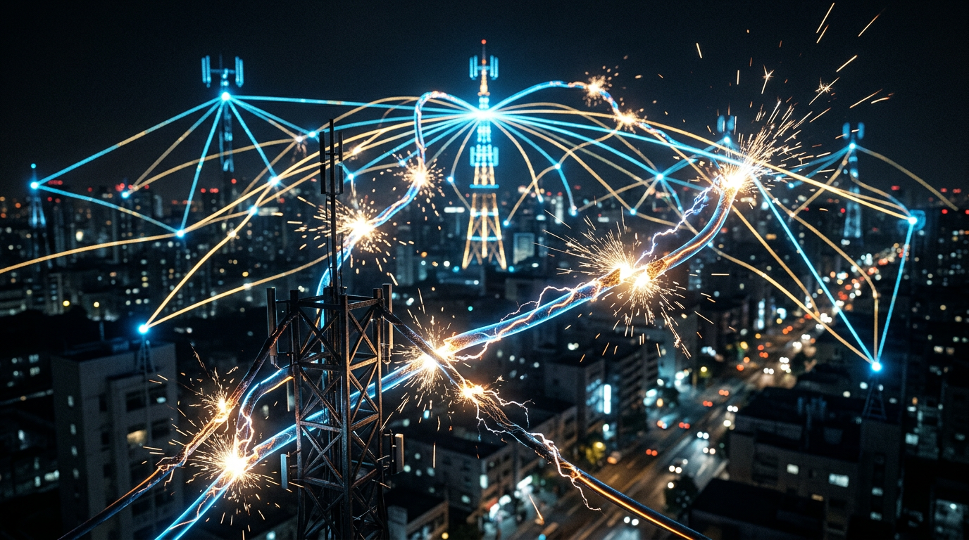Communication towers connected by glowing lines representing wireless data transmission over a city at night