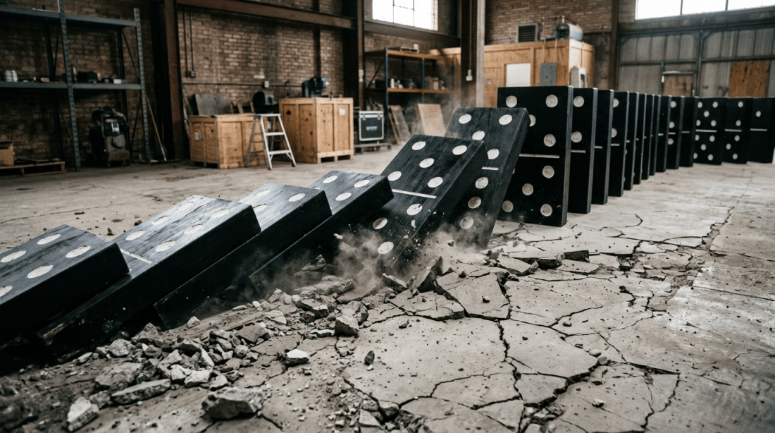Large black dominoes falling and cracking a concrete floor inside a warehouse