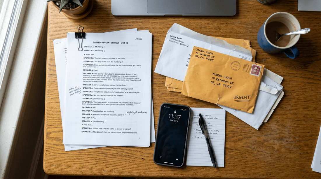 Annotated interview transcript papers, urgent envelopes addressed to Maria Chen, a smartphone showing 11:37, a pen, and a coffee cup on wooden desk