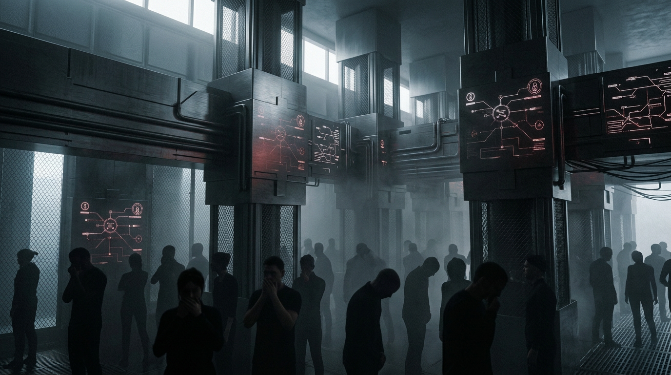 Silhouetted people standing inside a dimly lit futuristic data center with glowing digital diagrams on large panels