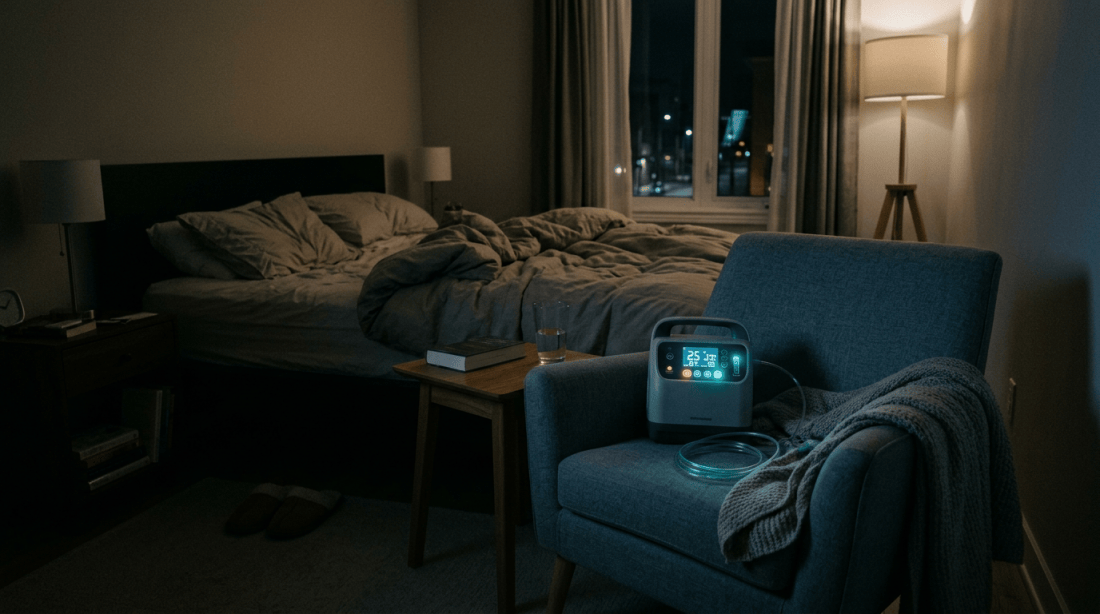 Dim bedroom, empty chair, glowing oxygen concentrator