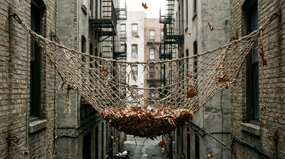 Hammock suspended between two brick buildings catching falling brown autumn leaves