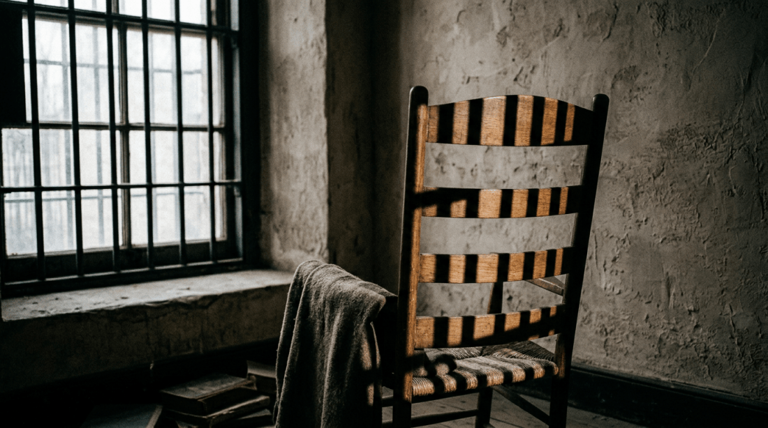 Wooden chair with cloth draped on arm near barred window casting striped shadows