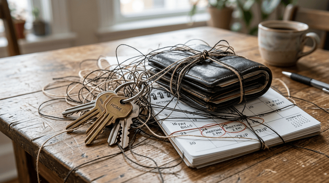 Set of keys labeled home, tied with wallet and string on a calendar with meetings and appointments marked