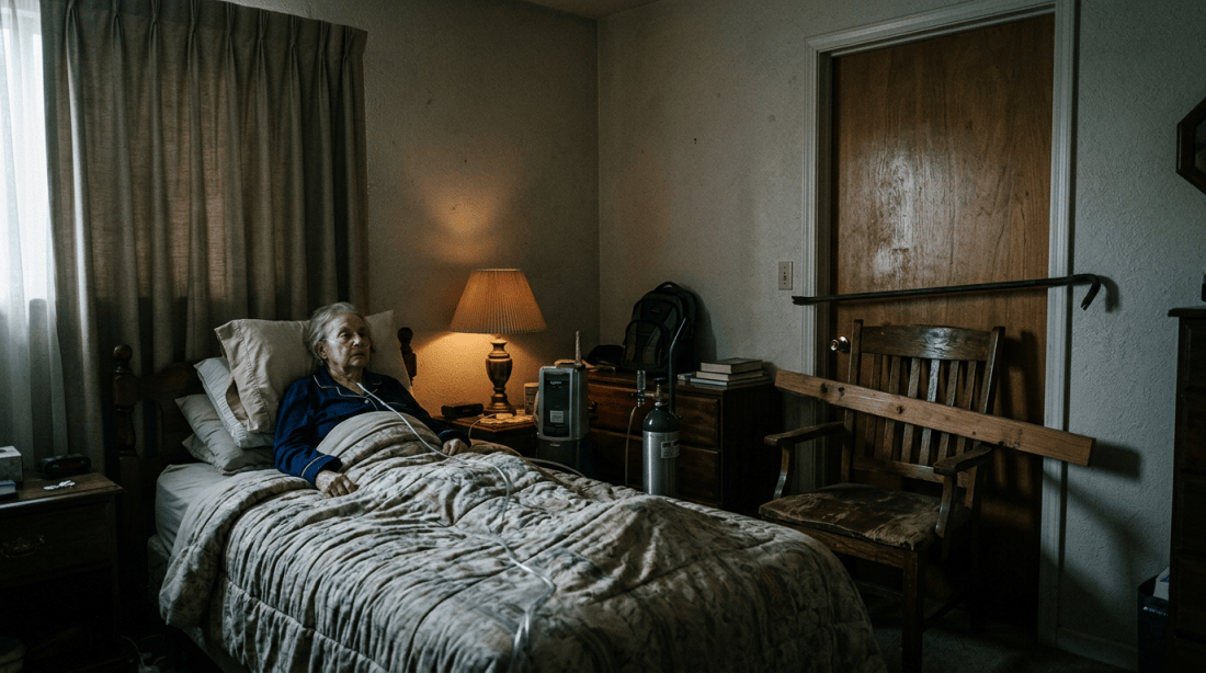 Elderly woman lying in bed with oxygen tubes and medical equipment nearby