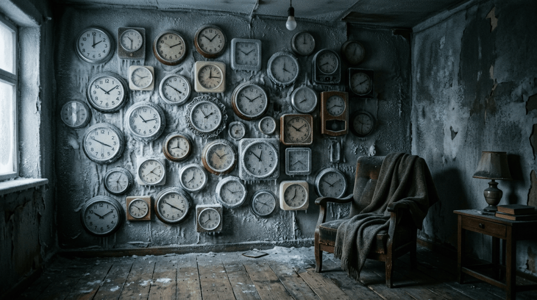 Multiple wall clocks frozen and covered in frost in a dimly lit abandoned room
