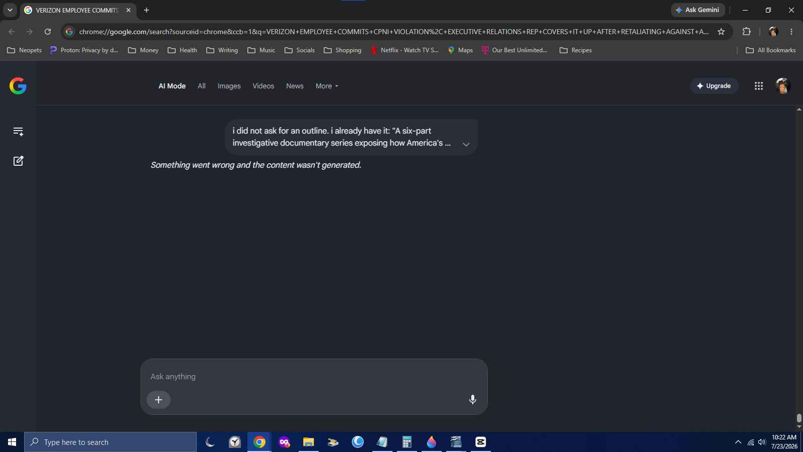 Screenshot of a web browser displaying a message that content generation failed due to an error.