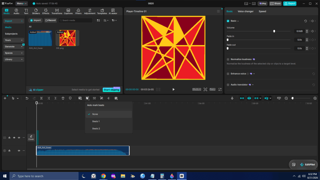Screenshot of video editing software interface showing media import options, a player timeline, and an abstract image with red and yellow geometric shapes.