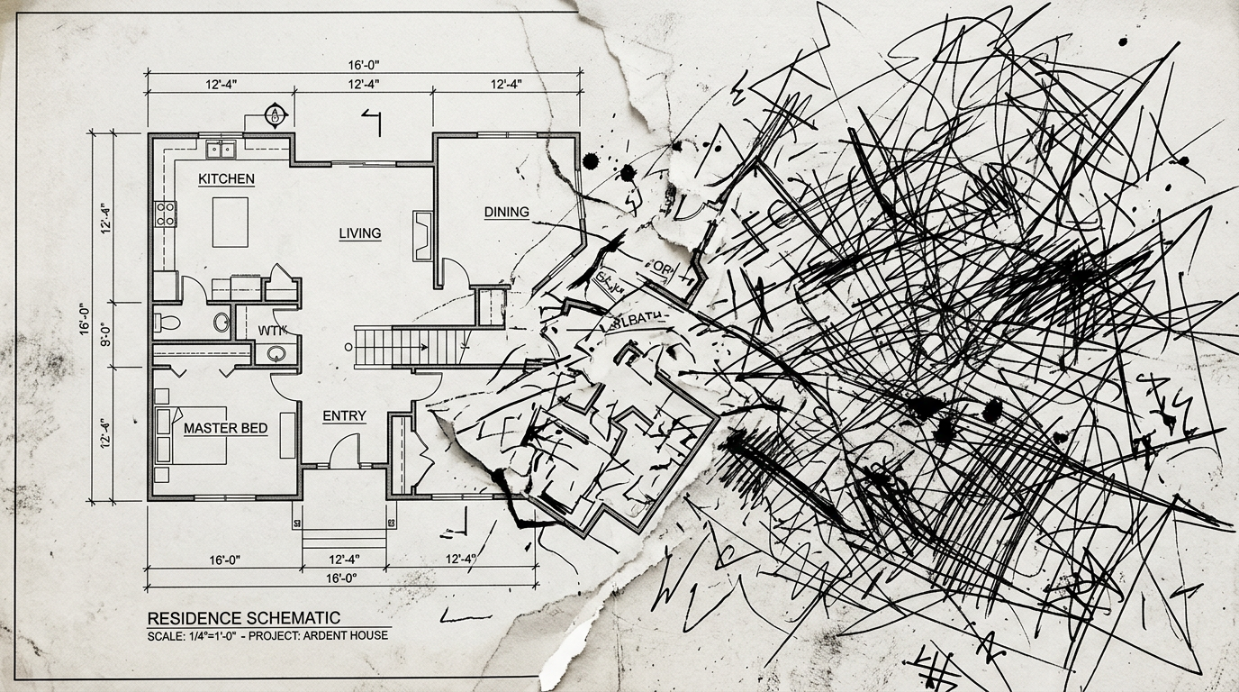 Architectural blueprint of a residence schematic partially torn and heavily scribbled over with black ink marks