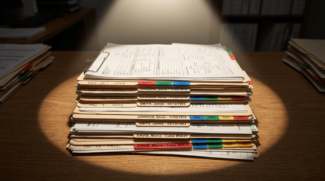 Stack of patient medical folders with labels and paperwork