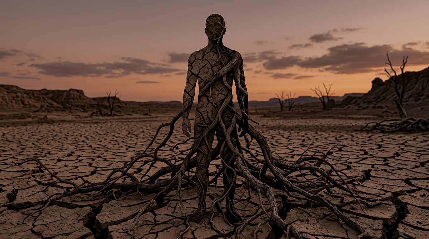 Silhouette of a person merging with tree roots on cracked dry ground in barren desert