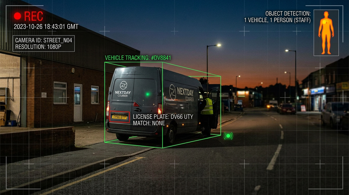 Courier van with license plate DV66 UTY tracked by street surveillance at dusk