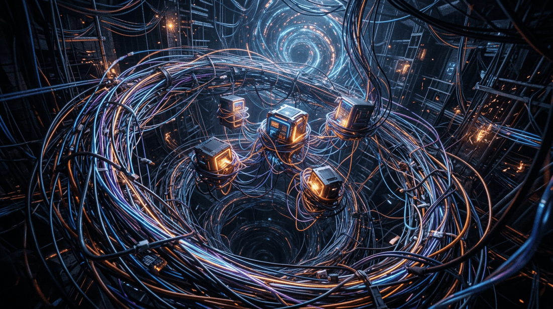 Glowing network cables encircle four connected devices and a digital vortex