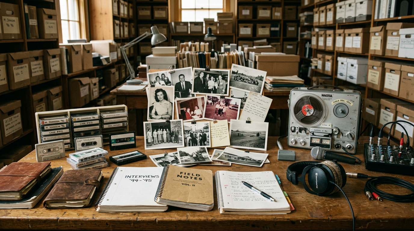 Archival desk with interviews, photographs, tapes, and audio equipment