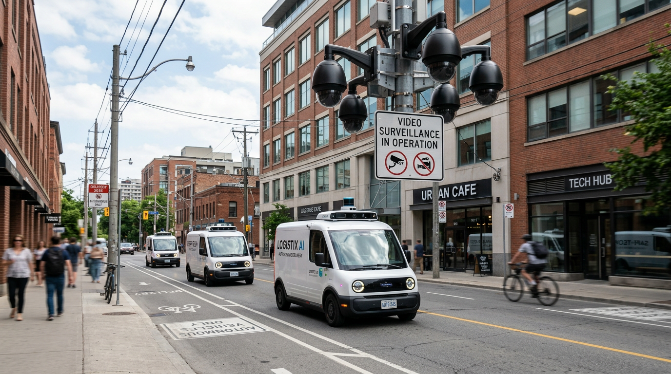 Autonomous delivery vans on a city street beneath video surveillance signage