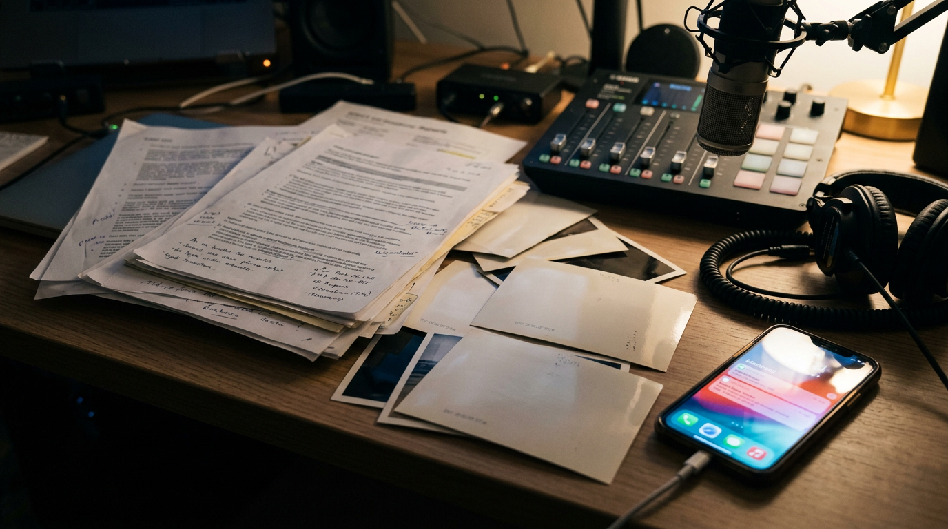 Recording desk with handwritten papers, microphone, mixer, headphones, envelopes, and smartphone