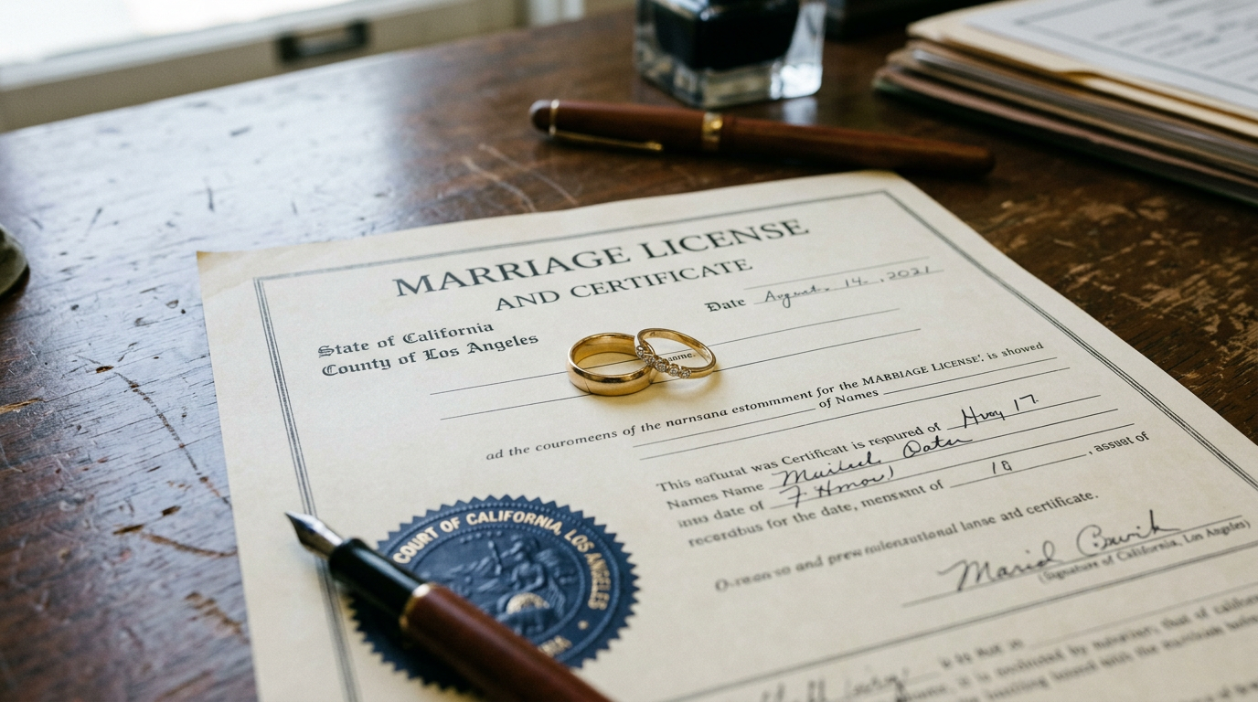 Marriage License and Certificate, State of California, County of Los Angeles, with gold wedding rings