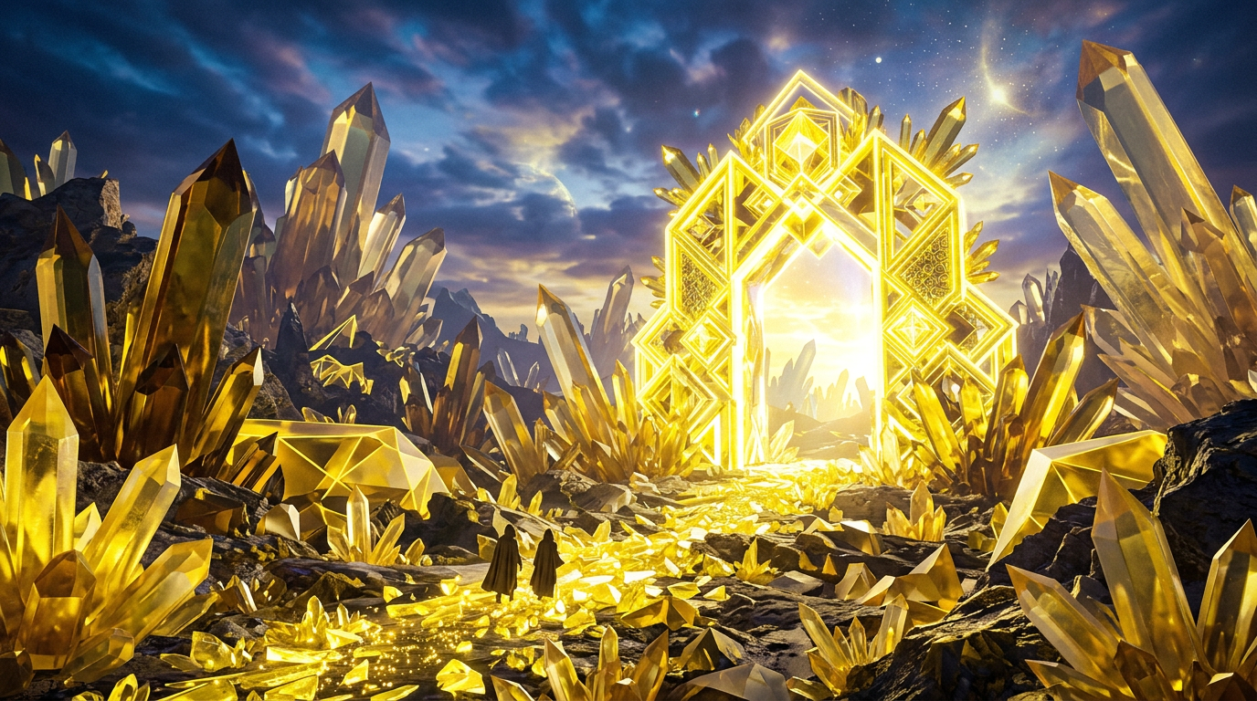 Two cloaked travelers approach a glowing geometric portal in a golden crystal landscape