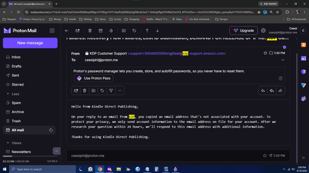 Screenshot of an email correspondence in ProtonMail regarding Kindle Direct Publishing support, displaying the message about account privacy and email communication.